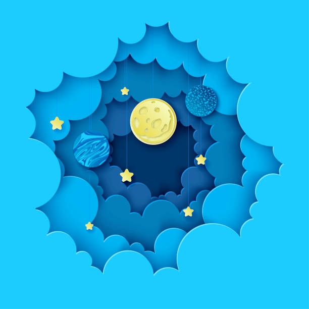 ilustraciones, imágenes clip art, dibujos animados e iconos de stock de cielo nocturno con luna, estrellas y planetas en las nubes. arte de papel fondo abstracto 3d con formas de origami. ondas de papel, textura de capas. diseño geométrico. - papercraft