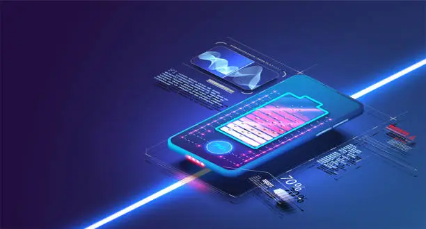 Vector illustration of Futuristic phone is charged wirelessly on a blue background. Wireless charging. Wireless charging of the smartphone battery. Future concept. The progress of charging the battery of the phone. Vector