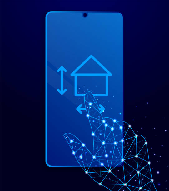 ilustraciones, imágenes clip art, dibujos animados e iconos de stock de casa, medida, icono vectorial de tamaño. vector de teléfono táctil estilo polígono - instrument of measurement organization housing project housing development