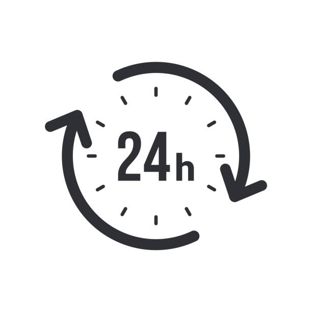 24h значок. плоская векторная иллюстрация в черном на белом фоне. - open time clock 24 hrs stock illustrations