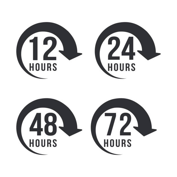 12, 24, 48 и 72 часов стрелки стрелки значки. служба доставки, онлайн сделки оставшееся время символы веб-сайта - open time clock 24 hrs stock illustrations
