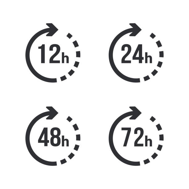 12, 24, 48 и 72 часов стрелка часов. векторный эффект рабочего времени или значки времени службы доставки - open time clock 24 hrs stock illustrations