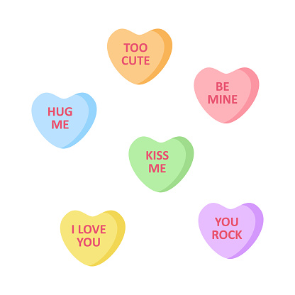 Cute heart-shaped candies with love writings. Set of sweet sugar candy vector graphic icons.
