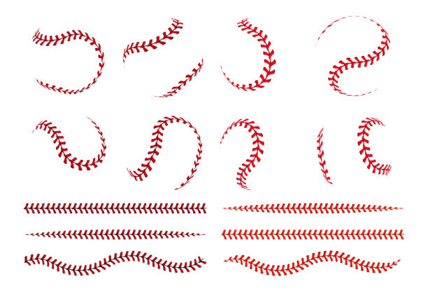 Baseball ball lace. Spherical curve and straight red stroke lines of softball ball. Vector graphic elements for sport logo and banners Baseball ball lace. Spherical curve and straight red stroke lines of softball ball. Vector graphic elements for sport logo and banners with leather lacing white objects thread stock illustrations