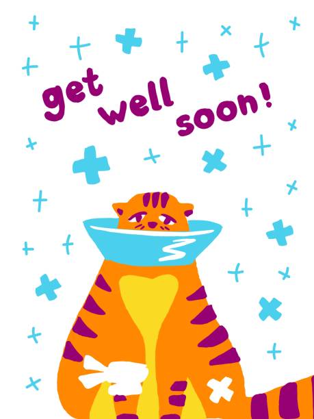 Greeting Card Get Well Soon With A Cute Sick Cat Cartoon Funny Style Vector  Illustration On A White Stock Illustration - Download Image Now - iStock