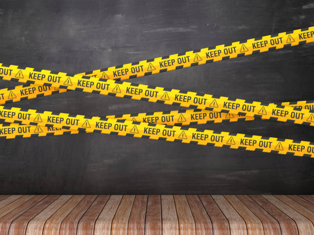 istock Cordon Tape with KEEP OUT Phrase on Chalkboard Background - 3D Rendering 1214091258