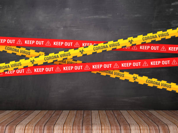istock Cordon Tape with KEEP OUT CORONA VIRUS Words on Chalkboard Background - 3D Rendering 1214091325