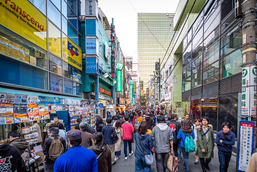 people in the crowded Streets of Akihabara district, Tokyo, Japan