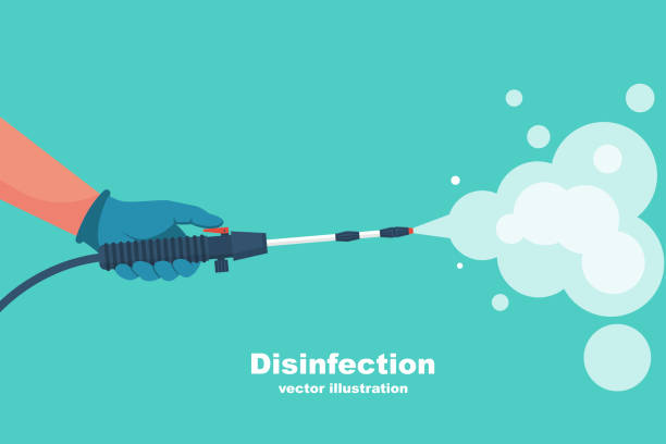 Prevention concept. Disinfection and cleaning. A man in chemical protection disinfects. Prevention concept. Disinfection and cleaning. A man in chemical protection disinfects. Methods of controlling the epidemic of coronavirus. Vector illustration flat design. Cleaner in the hand. hand water pump stock illustrations