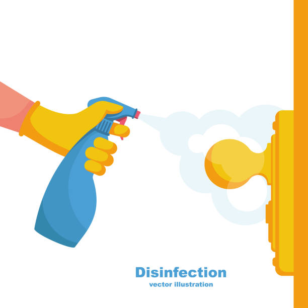 Close-up disinfection of door handles vector Close-up disinfection of door handles. Spraying disinfectant alcohol to the handle of a door. Vector illustration flat design. Prevention concept. Controlling the epidemic of coronavirus. splash crown stock illustrations