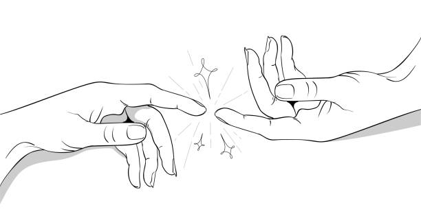 Vector illustration of hands touching, Forefingers touch each other. Line art index finger illustrations stock illustrations