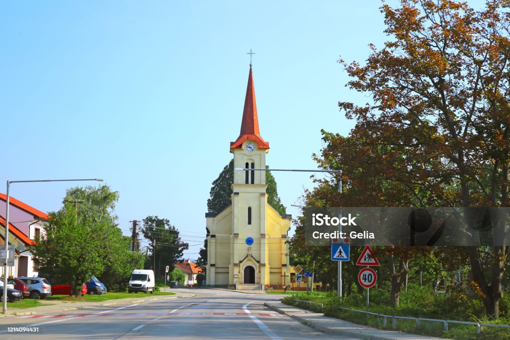 Roman Catholic church in Dubova village, Pezinok District, Slovakia Ancient Stock Photo