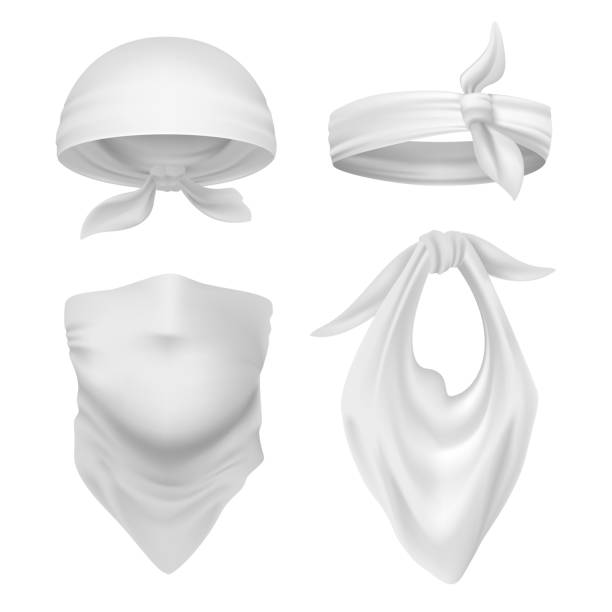 Realistic white bandana. Blank scarf and buff mockup, isolated handkerchief and face bandage template. Vector kerchief template Realistic white bandana. Blank scarf and buff mockup, isolated handkerchief and face bandage template. Vector kerchief isolated cloth accessories for cowboy, pirate or biker pirate criminal illustrations stock illustrations