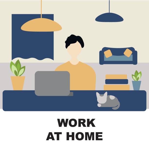 Work at home concept, freelance and telecommuting subject. Man work at home, creative vector vector art illustration