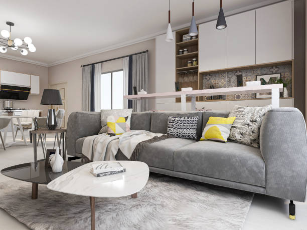 istock 3D rendering, simple modern living room sofa with coffee table, with green plants on the table. 1214096117