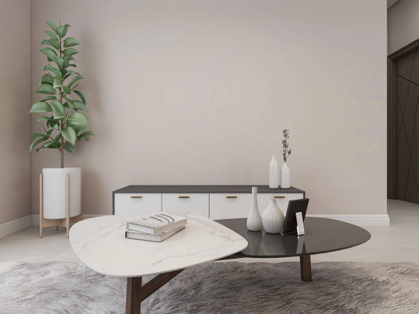 istock 3D rendering, simple modern living room sofa with coffee table, with green plants on the table. 1214096118