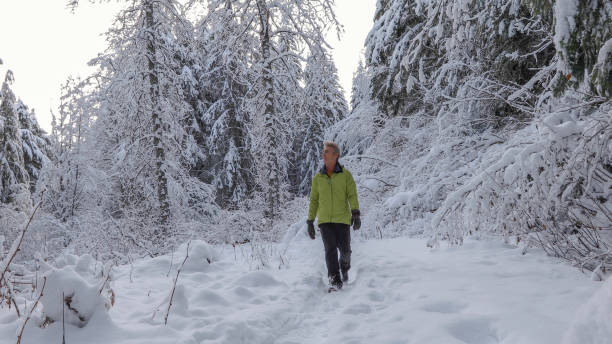 istock Man hikes along snowy trail at sunrise 1214097000