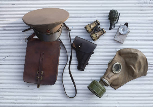 istock leather map-case, vintage military equipment and weapons 1214097261