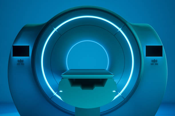istock MRI machine, magnetic resonance imaging machine on a dark blue background. Concept medicine, technology, future. 3D rendering, 3D illustration, copy space. 1214097285