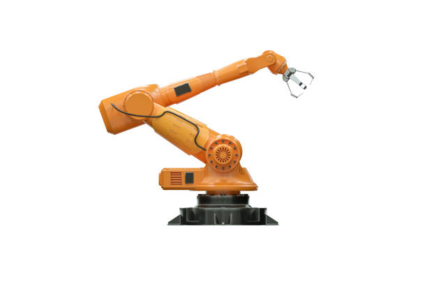 istock Orange robot arm manipulator for plant isolated on white background. Technology concept, future. 3D rendering, 3D illustration, copy space. 1214098015