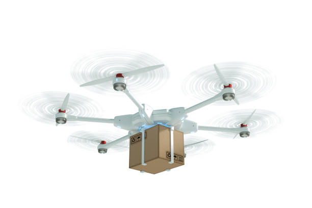istock White flying drone with a cardboard box isolated on a white background. drone for delivery. The concept of fast delivery, technology. 3D rendering, 3D illustration, copy space. 1214099959