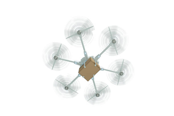 istock White flying drone with a cardboard box isolated on a white background. drone for delivery. The concept of fast delivery, technology. 3D rendering, 3D illustration, copy space. 1214099962