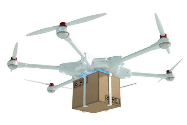 istock White flying drone with a cardboard box isolated on a white background. drone for delivery. The concept of fast delivery, technology. 3D rendering, 3D illustration, copy space. 1214100105