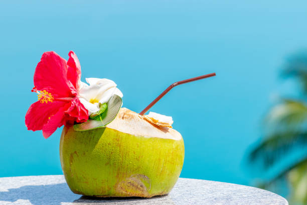 istock Coconut drink in blue sky and sea background 1214100201