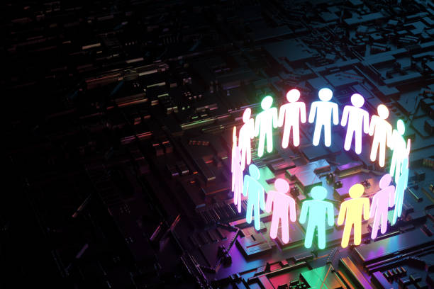 istock inclusion, a working group of five multi-colored icons of a human worker on a dark background. team building, cultural diversity, staffing decisions. 3D rendering, 3D illustration, copy space. 1214100236