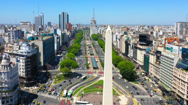 istock Obelisk landmark in Buenos Aires and green letters BA 1214101237