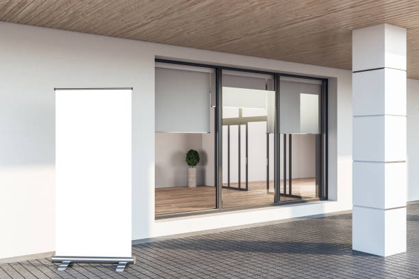 istock Facade apartment with window and blank poster on wall. 1214104054