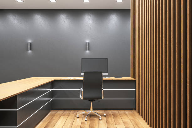 istock Minimalistic wooden reception desk 1214104382