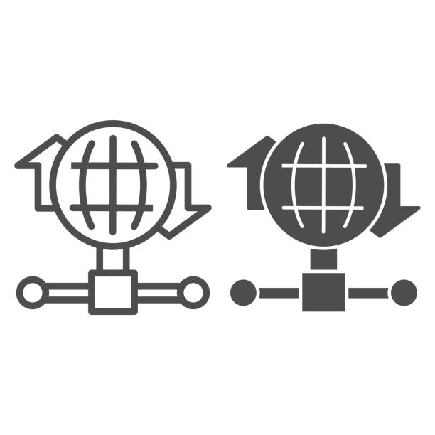 ilustrações de stock, clip art, desenhos animados e ícones de internet connection bandwidth line and solid icon. globe and fiber optic wire symbol, outline style pictogram on white background. benchmarking sign for mobile concept and web design. vector graphics. - exchanging connection symbol computer icon