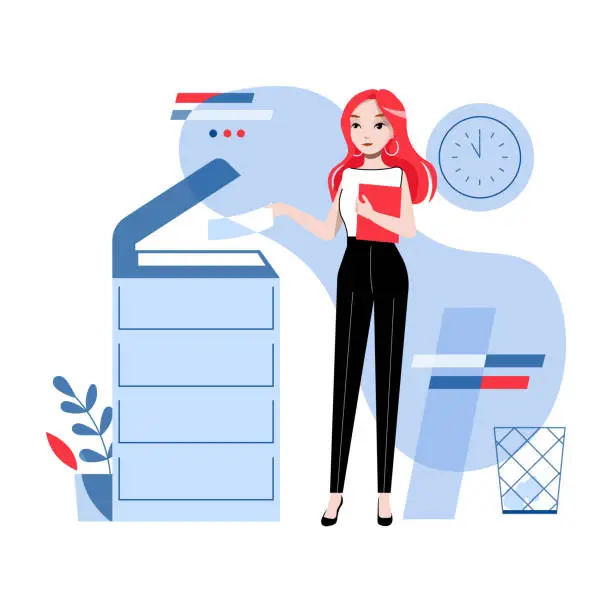 Vector illustration of Concept Of Office Work. Young Pretty Girl Is Working In The Office Copying and Scanning Documents, Sending Faxes. Businesswoman is Using Copy Machine. Cartoon Linear Outline Flat Vector Illustration