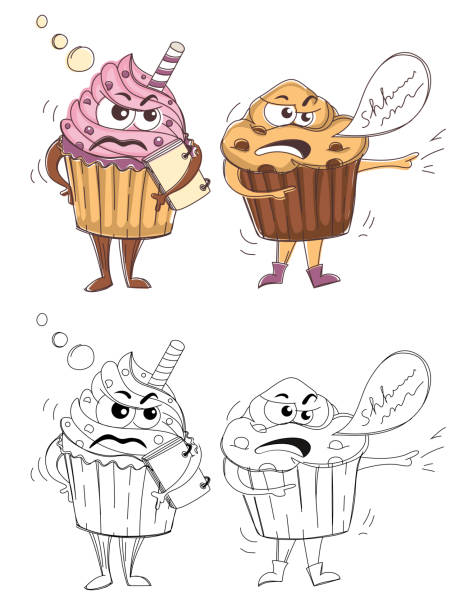 istock Angry muffin + irritated cupcake standing + talking to each other. Cartoon pastry characters. Editable stroke 1214105484