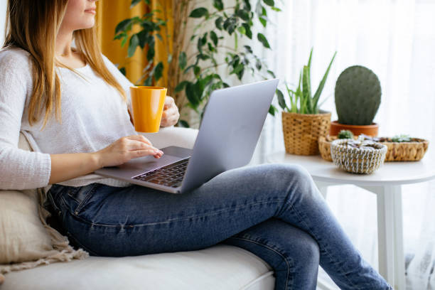 istock Happy smiling woman sitting on sofa and using laptop 1214106958