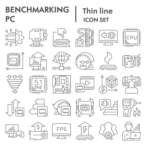 ilustrações, clipart, desenhos animados e ícones de conjunto de ícones de linha fina de benchmarking. coleção de sinais de tecnologia e computador, esboços, ilustrações de logotipo, símbolos da web, pacote de pictogramas de estilo de contorno isolado em fundo branco. gráficos vetoriais. - semicondutor