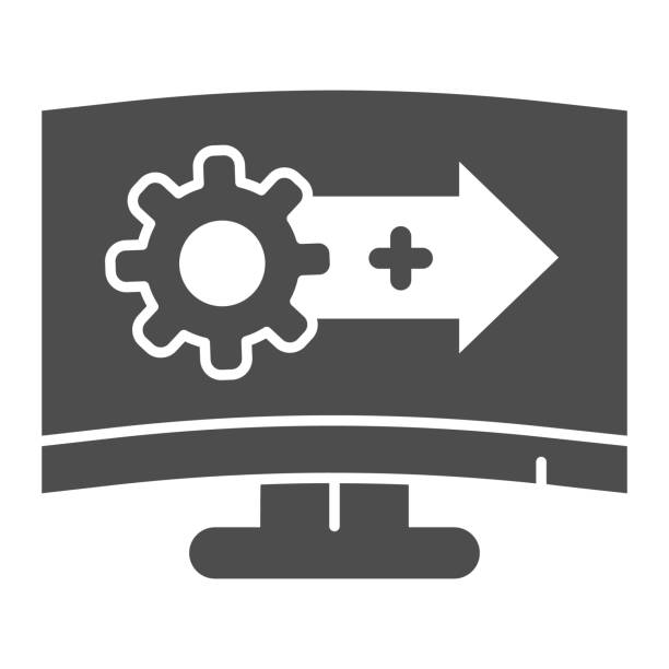 illustrations, cliparts, dessins animés et icônes de amélioration du système icône solide. mise à jour logicielle, équipement avec flèche sur le symbole de moniteur, pictogramme de modèle de glyphe sur le fond blanc. signe de technologie pour le concept mobile et la conception web. graphiques vectorie - computer icon internet symbol white