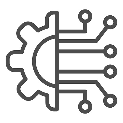 Gear connection line icon. Gear with chip circuit, hardware or software symbol, outline style pictogram on white background. Technology sign for mobile concept, web design. Vector graphics