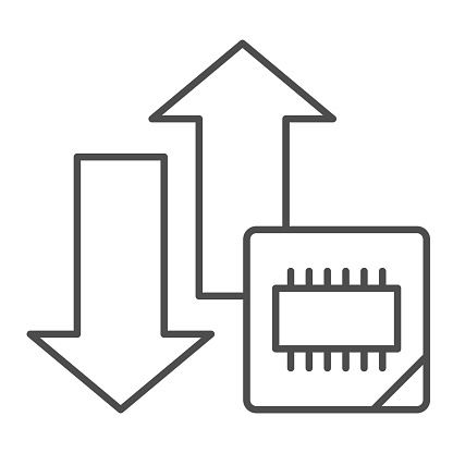 Microchip and arrows thin line icon. Processor bus data peak throughput symbol, outline style pictogram on white background. Benchmarking sign for mobile concept and web design. Vector graphics