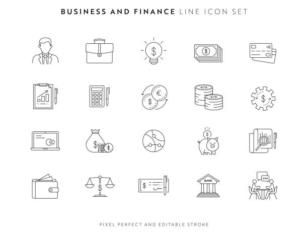 bildbanksillustrationer, clip art samt tecknat material och ikoner med ikonuppsättning för företag och ekonomi med redigerbar linje och pixel perfekt. - bank meeting