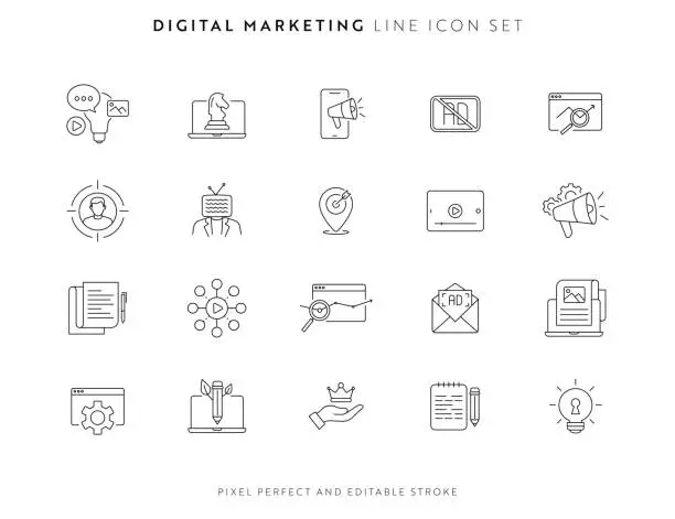 Vector illustration of Digital Marketing Icon Set with Editable Stroke and Pixel Perfect.