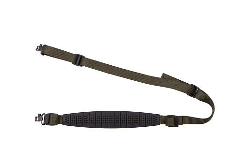 Shoulder strap. Green nylon fastening belt, strap isolated on white background.