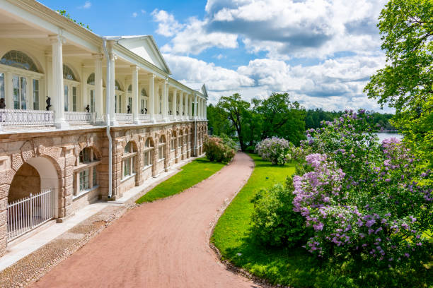 Cameron gallery in Catherine park in spring, Tsarskoe Selo (Pushkin), St. Petersburg, Russia St. Petersburg, Russia - May 2019: Cameron gallery in Catherine park in spring, Tsarskoe Selo (Pushkin) cameron montana stock pictures, royalty-free photos & images