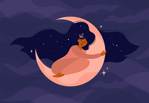 Cute girl with long hair sleeps on the moon. Romantic dreams with night sky and stars. Vector illustration of woman hugs the crescent moon. Modern witch concept. Design for tarot card cover, postcard.