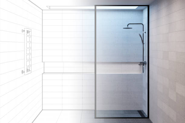 istock The sketch becomes a real empty minimalistic shower room with a window in the ceiling, a niche for bath accessories and a heated towel rail. Front view. 1214113644