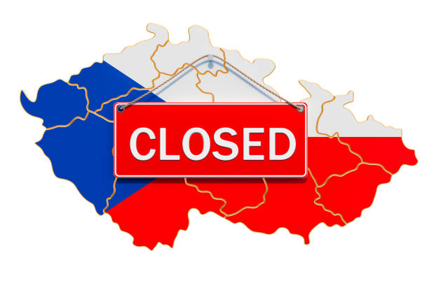 Czech Republic map with closed hanging sign, quarantine concept. 3D rendering isolated on white background