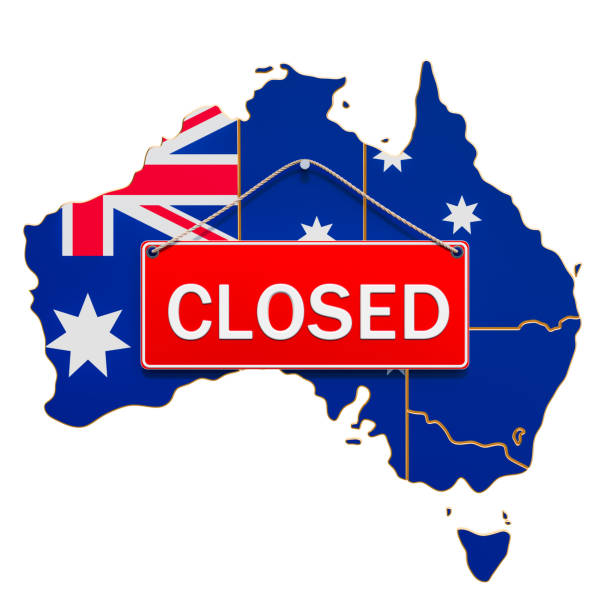 istock Australian map with closed hanging sign, quarantine concept. 3D rendering isolated on white background 1214114014
