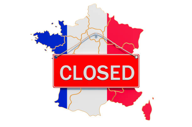 istock French map with closed hanging sign, quarantine concept. 3D rendering isolated on white background 1214114088