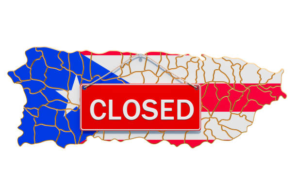 Puerto Rican map with closed hanging sign, quarantine concept. 3D rendering isolated on white background